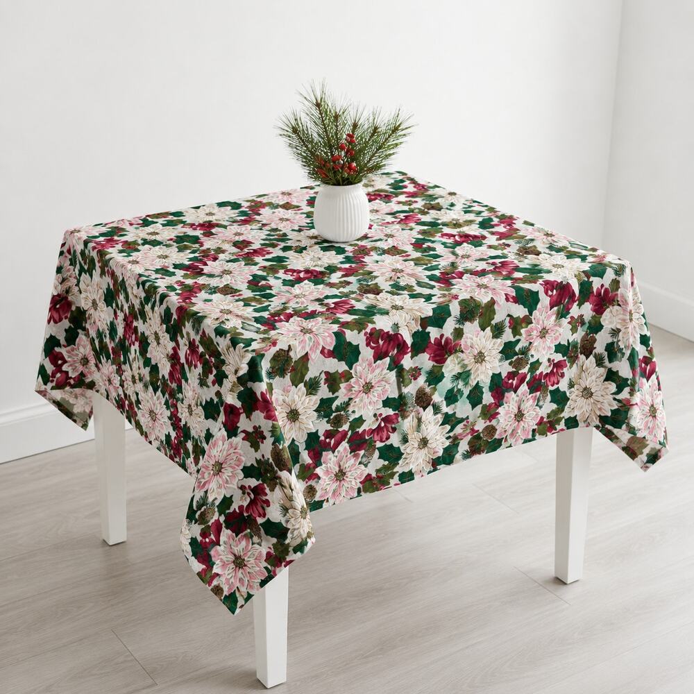 Vintage Poinsettia Tablecloth Small Square 50" 100% Cotton Fashion Industries